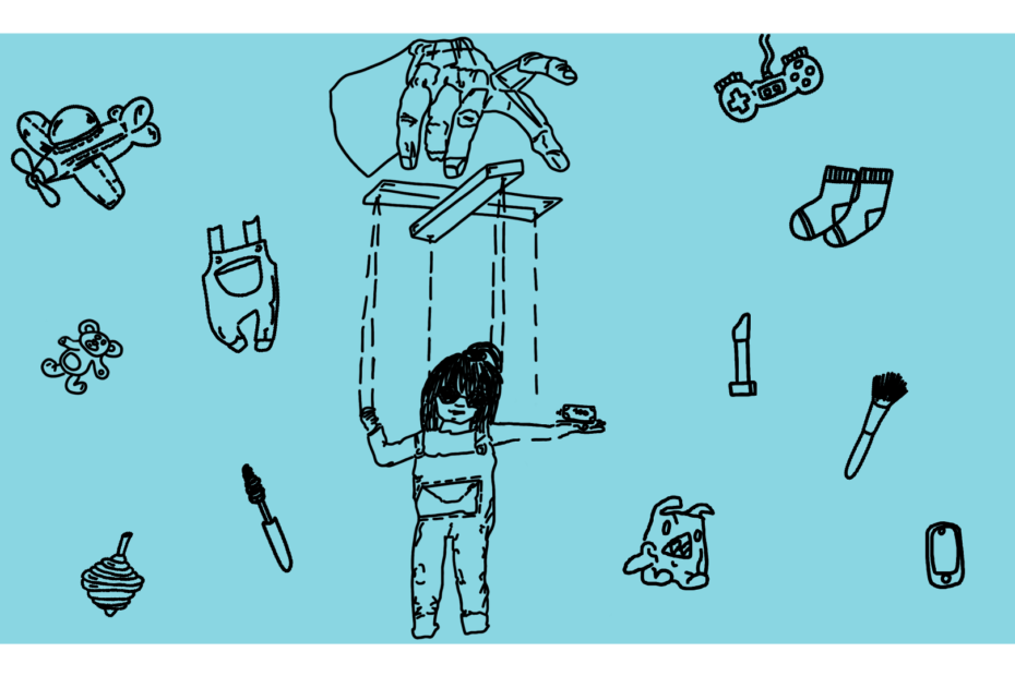 Beitragsbild - eine Hand mit einer Marionette an der ein Mädchen, darum verschiedene Gegenstände wie Socken, Pinsel, etc.