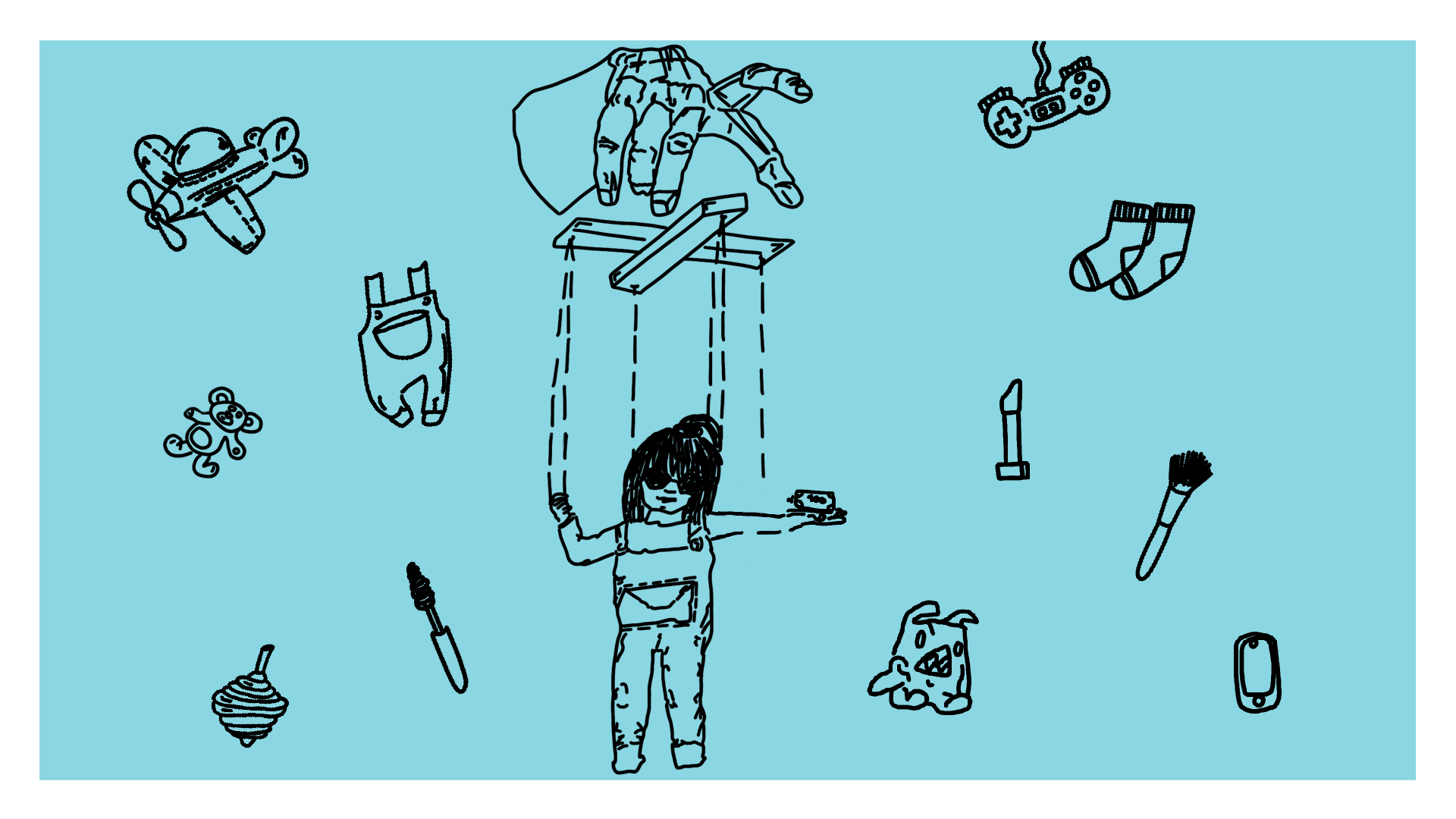Beitragsbild - eine Hand mit einer Marionette an der ein Mädchen, darum verschiedene Gegenstände wie Socken, Pinsel, etc.
