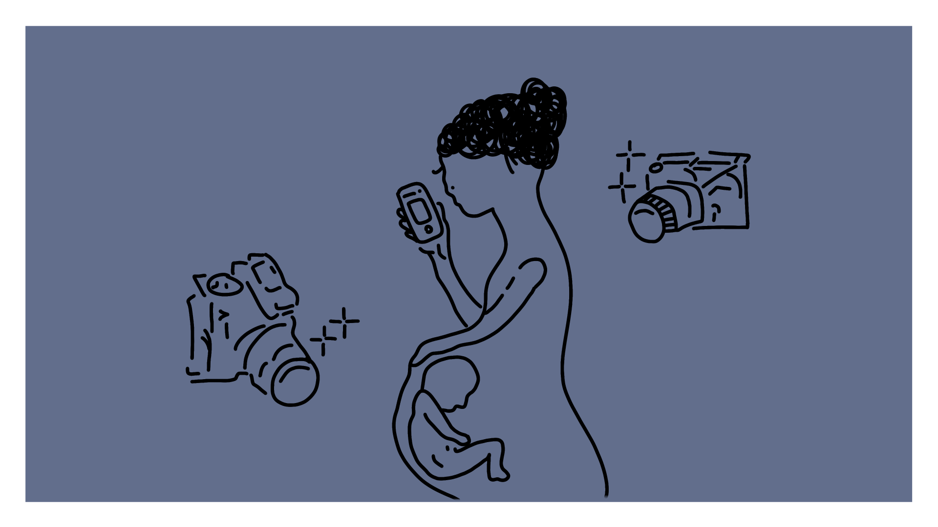 Beitragsbild - eine Frau mit einem Baby im Bauch, die auf ihr Smartphone sieht, umgeben von zwei Kameras